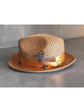 Montique Cognac Pinch Braided Fedora Brim Hat S 6 7/8" Poly Logo Feathers New